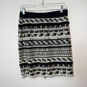 Vince Camuto Womens Fringe Trim Beaded Straight Pencil Skirt Black 4 Stretch